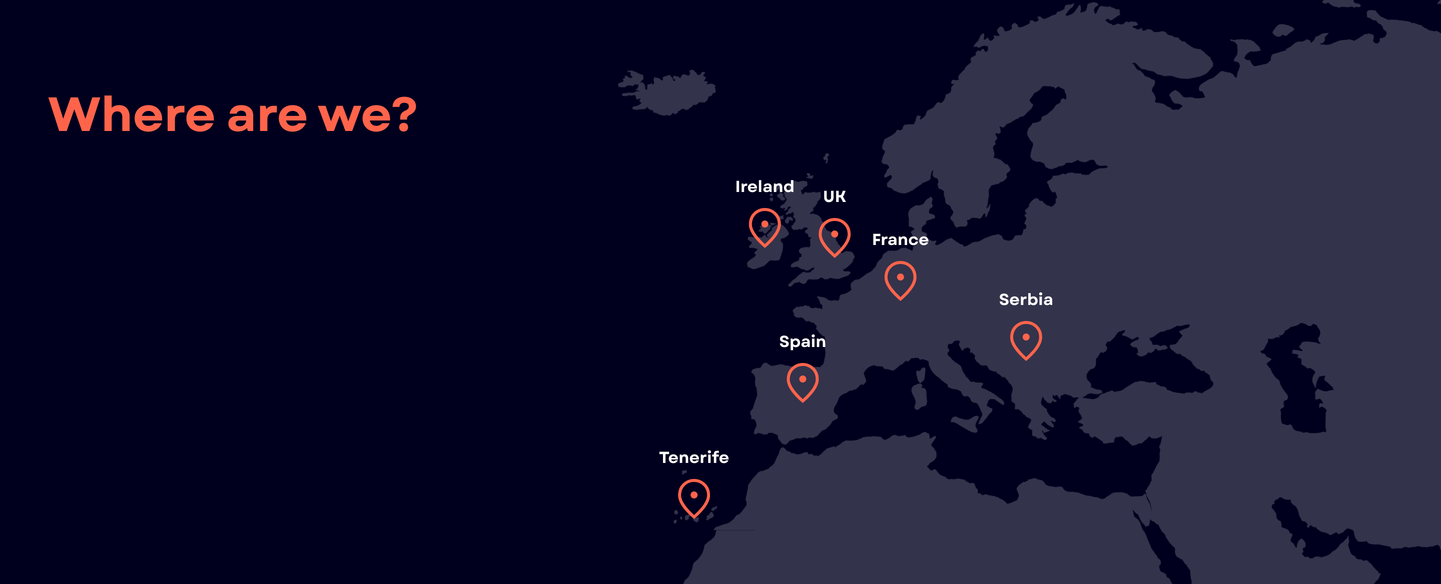 Map of Velocitech development hubs and business centres in Europe; Ireland, UK, France, Serbia, Spain, Tenerife.